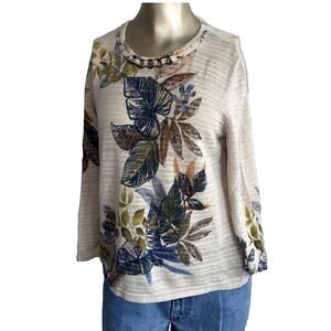Alfred Dunner top PL Beige Floral coastal women blouse ramie